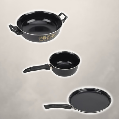 MY STORE Kadhai, Sauce Pan, Tawa - Cookware Set of 3 Pc Induction Bottom Non-Stick Coated Cookware Set(Cast Iron, 3 - Piece)