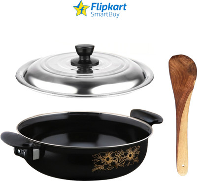 Flipkart SmartBuy Kitchen Non-Stick Combo Pack of Kadhai with Lid and Wooden Spatula - 1 Induction Bottom Non-Stick Coated Cookware Set(Cast Iron, PTFE (Non-stick), 3 - Piece)