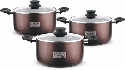 Classic Essentials 3 PC Biryani Handi with Glass Lid, casserole Set, Induction Bottom Non-Stick Coated Cookware Set(PTFE (Non-stick), Aluminium, 3 - Piece)