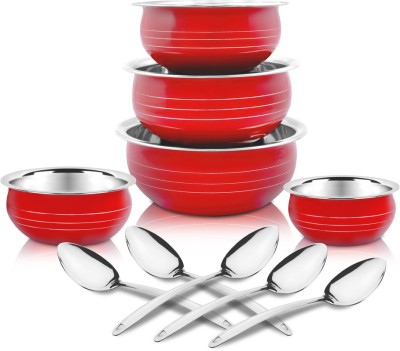 Classic Essentials Cherry Coloured Handi/patila/bhagona/biryani cook & serve Induction Bottom Cookware Set(Stainless Steel, 10 - Piece)