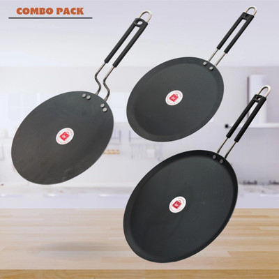 LAZYwindow Traditional Iron Tawa with insulated Handle Induction Bottom Cookware Set(Iron, 3 - Piece)