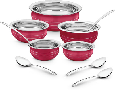 Classic Essentials by Classic Essentials Red Coloured Handi/patila/bhagona/biryani cook & serve Induction Bottom Cookware Set(Stainless Steel, 10 - Piece)