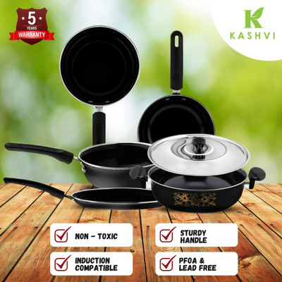 HouseOfCommon Kashvi kadai with Lid, tawa Sauce pan, Fry - Frying Pan, Tadka Pan | Cast iron Induction Bottom Non-Stick Coated Cookware Set(Cast Iron, 6 - Piece)