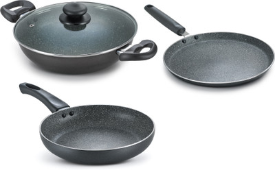 Prestige Omega Deluxe Granite Alpha 3Pcs BYK-Kadai 24cm Glass Lid+Tawa 28cm+Fry Pan 24cm Induction Bottom Non-Stick Coated Cookware Set(Aluminium, 1 - Piece)