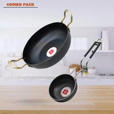 LAZYwindow Traditional Iron Deep Bottom Kadhai And Tadka Pan with Steel Handle Combo Pack Induction Bottom Cookware Set(Iron, 2 - Piece)