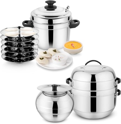 PRABHA Idli Maker 6 Plate Set and 1.5 Kg Rice Cooker, Heat Idli & Rice Instantly Induction Bottom Cookware Set(Stainless Steel, 2 - Piece)