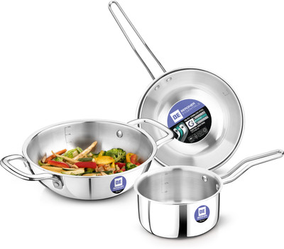 BERGNER BE Essentials Tripro Triply 3 Pcs of Kadai 24cm/3 L, Teapan 14cm, Frypan 22cm Induction Bottom Cookware Set(Triply, Stainless Steel, 3 - Piece)