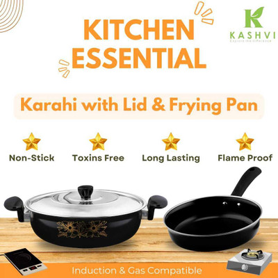 Kashvi Best Kitchen Combo Premium Kadhai with lid + Fry Pan Induction Bottom Non-Stick Coated Cookware Set(Cast Iron, 2 - Piece)