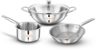 Greenchef Crest Triply Cookware combo(Kadhai glass lid 22CM, Sauce pan 14CM, Fry pan 22CM) Induction Bottom Cookware Set(Triply, 3 - Piece)