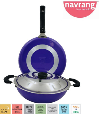 NAVRANG NONSTICK 3PCS COMBO SET DOSA TAWA 260MM KADAI 220MM WITH SSLID PURPLE Non-Stick Coated Cookware Set(Aluminium, PTFE (Non-stick), 3 - Piece)