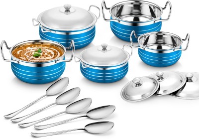 Classic Essentials Stainless Steel Blue Color Serving Handi with Steel Lid & Serving Spoon Cookware Set(Stainless Steel, 5 - Piece)