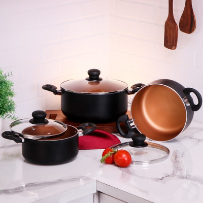 Flipkart SmartBuy 3 Piece Non-Stick Combo set of Biryani/vegitable Cookware set with Glass Lid Induction Bottom Non-Stick Coated Cookware Set(Aluminium, 3 - Piece)