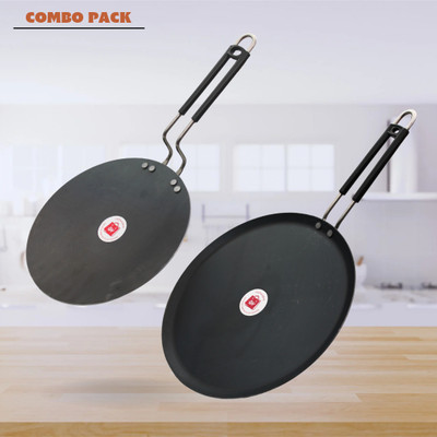 LAZYwindow LAZYwindow Traditional Iron Tawa with Grip type Handle Combo Pack (Base Black) Induction Bottom Cookware Set(Iron, 2 - Piece)