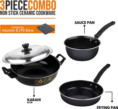 MY STORE Premium 4Pcs Nonstick Culinary Cookware Set Kadhai with Lid, Frypan, Saucepan - Induction Bottom Non-Stick Coated Cookware Set(Cast Iron, Iron, 4 - Piece)