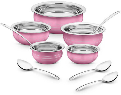 Classic Essentials Pink Colour Induction friendly Handi/patila/bhagona cook & serve Cookware Set(Stainless Steel, 10 - Piece)