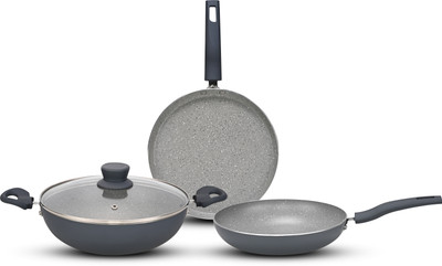 NAVRANG NONSTICK COMB0 SET INDUCTION TAWA260+KADAI 220+FRYPAN220+GLASS LID,GRANITE GREY Induction Bottom Non-Stick Coated Cookware Set(Aluminium, 4 - Piece)