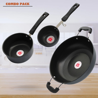 LAZYwindow Nonstick Tadka Pan, Sauce Pan & Kadhai Combo (Black And Base Grey) Induction Bottom Non-Stick Coated Cookware Set(Hard Anodised, 3 - Piece)
