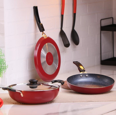 Flipkart SmartBuy 5 Pcs Non-Stick Combo Set of Dosa Tawa,Fry pan,Kadhai/Kadai With Lid & 2 Spoon Non-Stick Coated Cookware Set(Aluminium, 5 - Piece)