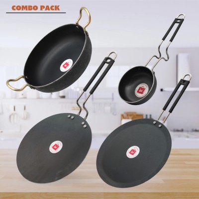 LAZYwindow Traditional Iron Tawa, Tadka Pan And Deep Bottom Kadhai Induction Bottom Cookware Set(Iron, 4 - Piece)