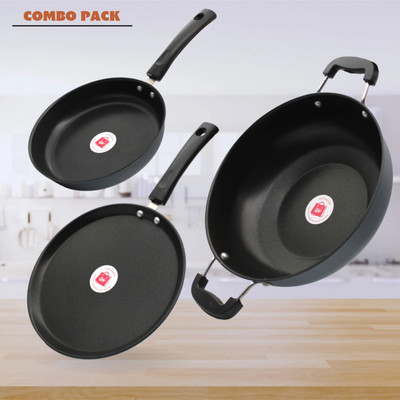 LAZYwindow Premium Quality Nonstick Fry Pan/Tawa And Kadhai Combo Induction Bottom Non-Stick Coated Cookware Set(Hard Anodised, 3 - Piece)
