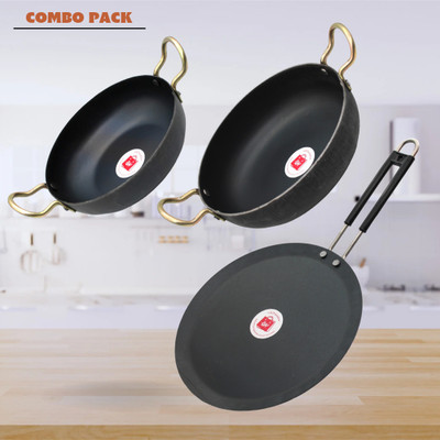 LAZYwindow Traditional Iron Deep Bottom Kadhai And Tawa with Handle Induction Bottom Cookware Set(Iron, 3 - Piece)