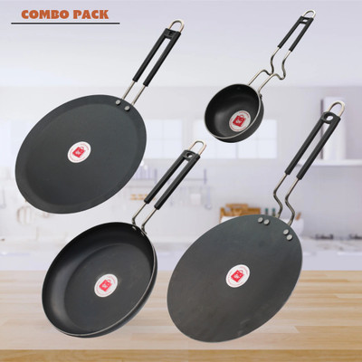 LAZYwindow Traditional Iron Fry Pan, Tawa And Tadka Pan with Grip type Handle Induction Bottom Cookware Set(Iron, 4 - Piece)