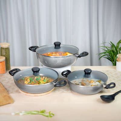 Kreme DELUXE 3mm Kadai 2.5L + 3.5L + 4.5L Induction Bottom Non-Stick Coated Cookware Set(Aluminium, 3 - Piece) Kreme DELUXE 3mm Kadai 2.5L + 3.5L + 4.5L Induction Bottom Non-Stick Coated Cookware Set(Aluminium, 3 - Piece)