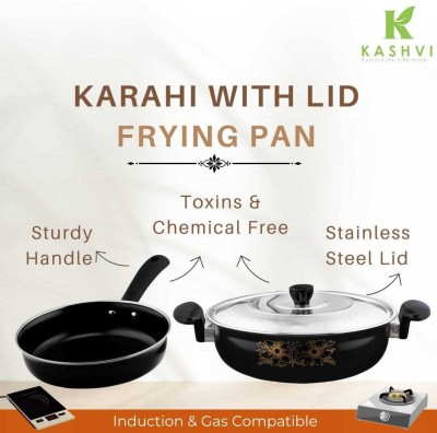 Kashvi Best Kadhai with Stainless Steel Lid + Fry Pan Cookware Nonstick Combo Induction Bottom Non-Stick Coated Cookware Set(Cast Iron, 2 - Piece)