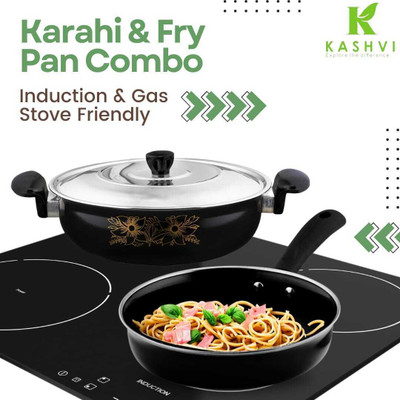 Kashvi Deep-Fry Kadahi with Stainless Steel Lid+ Deep Frying Pan Combo Gas Compatible Induction Bottom Non-Stick Coated Cookware Set(Cast Iron, 2 - Piece)