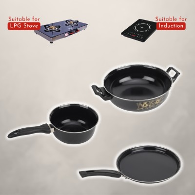 Kashvi Kadhai, Sauce Pan, Tawa - Cookware Set of 3 Pc Induction Bottom Non-Stick Coated Cookware Set(Cast Iron, PTFE (Non-stick), 3 - Piece)