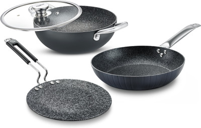 Prestige Durastone BYK 6 Layers coating Set-Tawa-24.5cm+Kadai-24cm+Fry Pan-24cm Induction Bottom Non-Stick Coated Cookware Set(Hard Anodised, 3 - Piece)