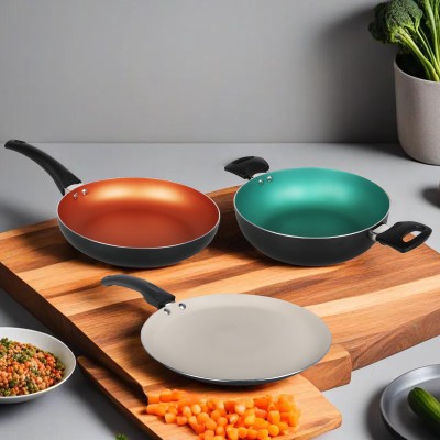 SigriWala SigriWala Tri-Color Combo Set:Tawa, Frying Pan, and Kadai Aluminium Non-Stick Coated Cookware Set(Aluminium, 3 - Piece)