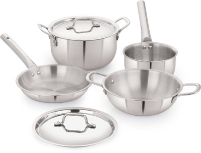 iVBOX Platina-Pro 6pcs Triply Steel FryPan, Milk Pan, Casserole and Kadhai With Lid Induction Bottom Cookware Set(Triply, 6 - Piece)