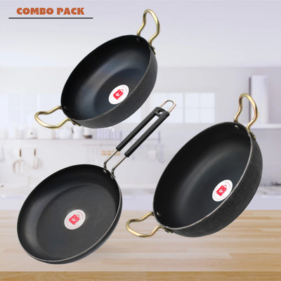 LAZYwindow Traditional Iron Deep Bottom Kadhai And Fry Pan Induction Bottom Cookware Set(Iron, 3 - Piece)