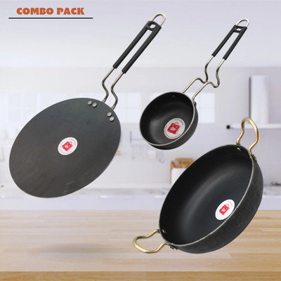 LAZYwindow Traditional Iron Tawa / Tadka Pan with Grip type Handle & Deep Bottom Kadhai Induction Bottom Cookware Set(Iron, 3 - Piece)