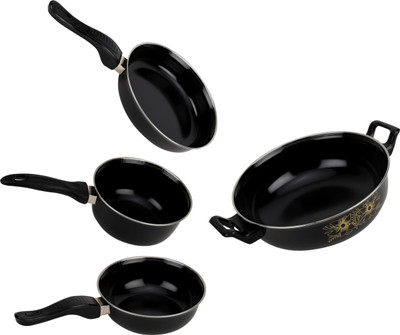 SILVOSWAN Classy 4-Piece Non-Stick Iron Cookware Set|Kadhai, Frypan, Saucepan, Tadka Pan5 Induction Bottom Non-Stick Coated Cookware Set(Iron, Cast Iron, PTFE (Non-stick), 4 - Piece)