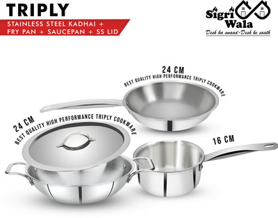 Sigri-wala Cook Healthy Triply 4PCS Combo Kadai24 cm, FryPan24 cm,Saucepan16 cm, LID 24 cm Induction Bottom Cookware Set(Triply, 4 - Piece)