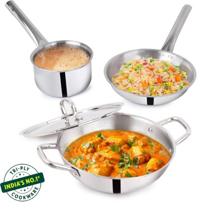 The Indus Valley Triply Stainless Steel Cookware Set | Set of Kadai, Fry Pan & Milk Pan Induction Bottom Cookware Set(Triply, Stainless Steel, 3 - Piece)