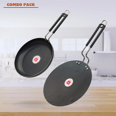 LAZYwindow Traditional Iron Fry Pan And Tawa with insulated Handle Induction Bottom Cookware Set(Iron, 2 - Piece)