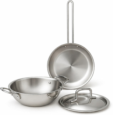 LIMETRO STEEL Triply Stainless Steel Cookware Combo Set of 2 | 1.5 L Kadhai, 20 cm Frypan | Induction Bottom Cookware Set(Triply, Stainless Steel, 2 - Piece)