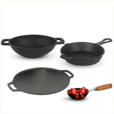The Indus Valley Pre-Seasoned Cast Iron Cookware Set + Free Tadka Pan | Tawa, Kadai & Fry Pan Induction Bottom Cookware Set(Cast Iron, 3 - Piece) The Indus Valley Pre-Seasoned Cast Iron Cookware Set + Free Tadka Pan | Tawa, Kadai & Fry Pan Induction Bottom Cookware Set(Cast Iron, 3 - Piece)