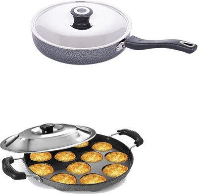 NARV Paddu Tawa with with 2 Side Handle & Lid | Fry Pan Skillet for Low Oil Saute K0 Non-Stick Coated Cookware Set(Aluminium, 2 - Piece)