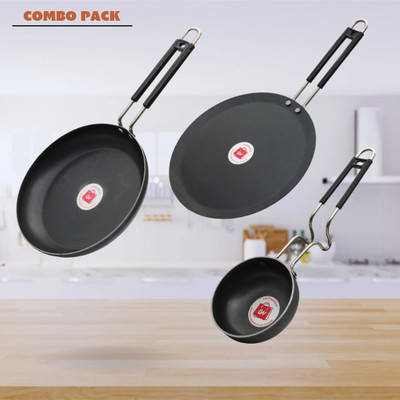 LAZYwindow Traditional Iron Fry Pan, Tawa And Tadka Pan with Steel Handle Induction Bottom Cookware Set(Iron, 3 - Piece)