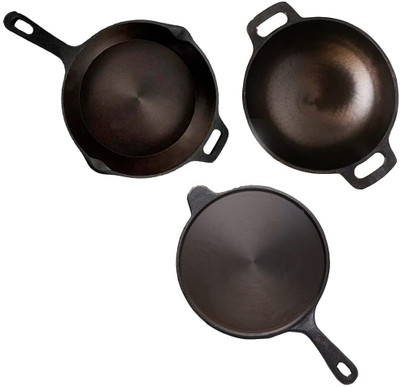 The Indus Valley Super Smooth Cast Iron Cookware Set | Set of Tawa, Kadai & Fry Pan Induction Bottom Cookware Set(Cast Iron, 3 - Piece)
