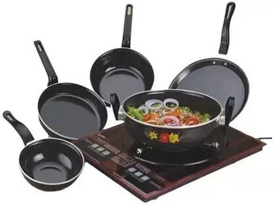 Maharajee by Maharajee Cookware set combo of 5 pcs Induction Bottom Non-Stick Coated Cookware Set(Cast Iron, 5 - Piece)