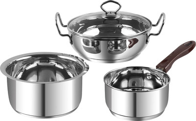 VINOD Stainless Steel Induction Friendly 3 Pcs Induction Bottom Non-Stick Coated Cookware Set(Stainless Steel, 3 - Piece)