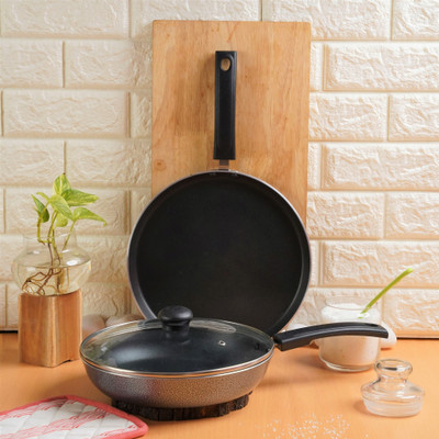 Kreme DELUXE 3mm NonStick Induction Bottom Fry Pan 240 + 250 Tawa Set of 2 pcs Induction Bottom Non-Stick Coated Cookware Set(Aluminium, 2 - Piece) Kreme DELUXE 3mm NonStick Induction Bottom Fry Pan 240 + 250 Tawa Set of 2 pcs Induction Bottom Non-Stick Coated Cookware Set(Aluminium, 2 - Piece)