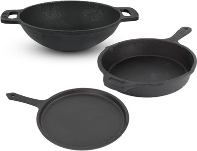 The Indus Valley Pre-Seasoned Cast Iron Tawa 10.2Inch, Fry Pan 9.8Inch, Kadai 10Inch Cookware Set(Cast Iron, 3 - Piece)