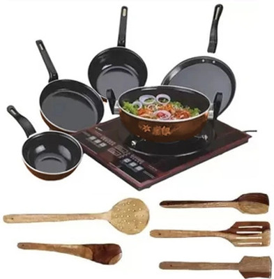 TOLXI LPG Stove and Induction Compatible Cookware Set Induction Bottom Non-Stick Coated Cookware Set(Cast Iron, 10 - Piece)