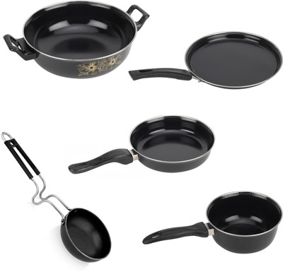 SILVOSWAN Non-Stick Cookware Set - Tawa, Kadhai, Frypan, Saucepan with Heavy Iron Tarki | Induction Bottom Non-Stick Coated Cookware Set(Iron, Cast Iron, 5 - Piece)